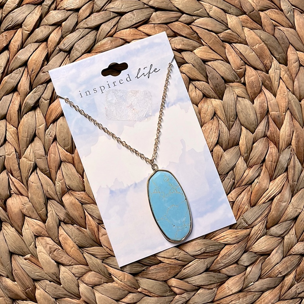 INSPIRED LIFE Long Aqua Oval Stone Pendant Necklace